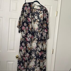 SHEIN Floral Sheer Kimono Cardigan - Black, Pink, White
